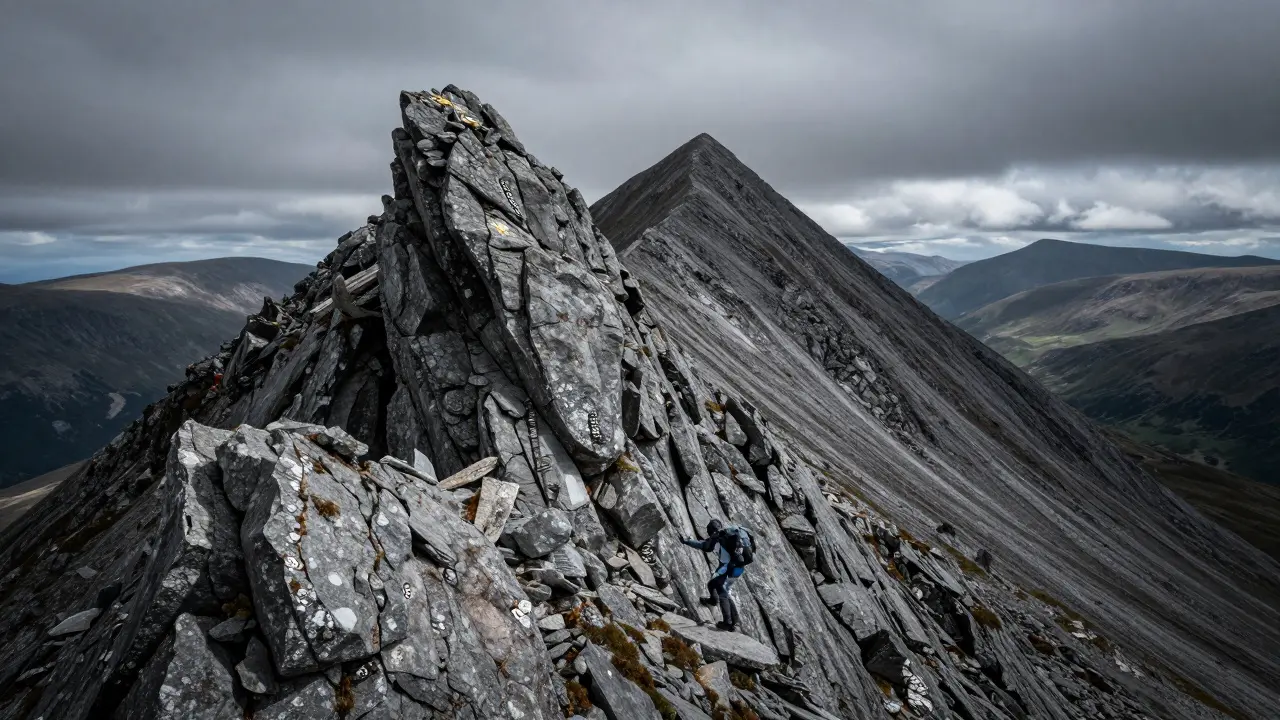The rocky Cobbler's Chair formation at the summit of Ben Arthur in the Arrochar Alps