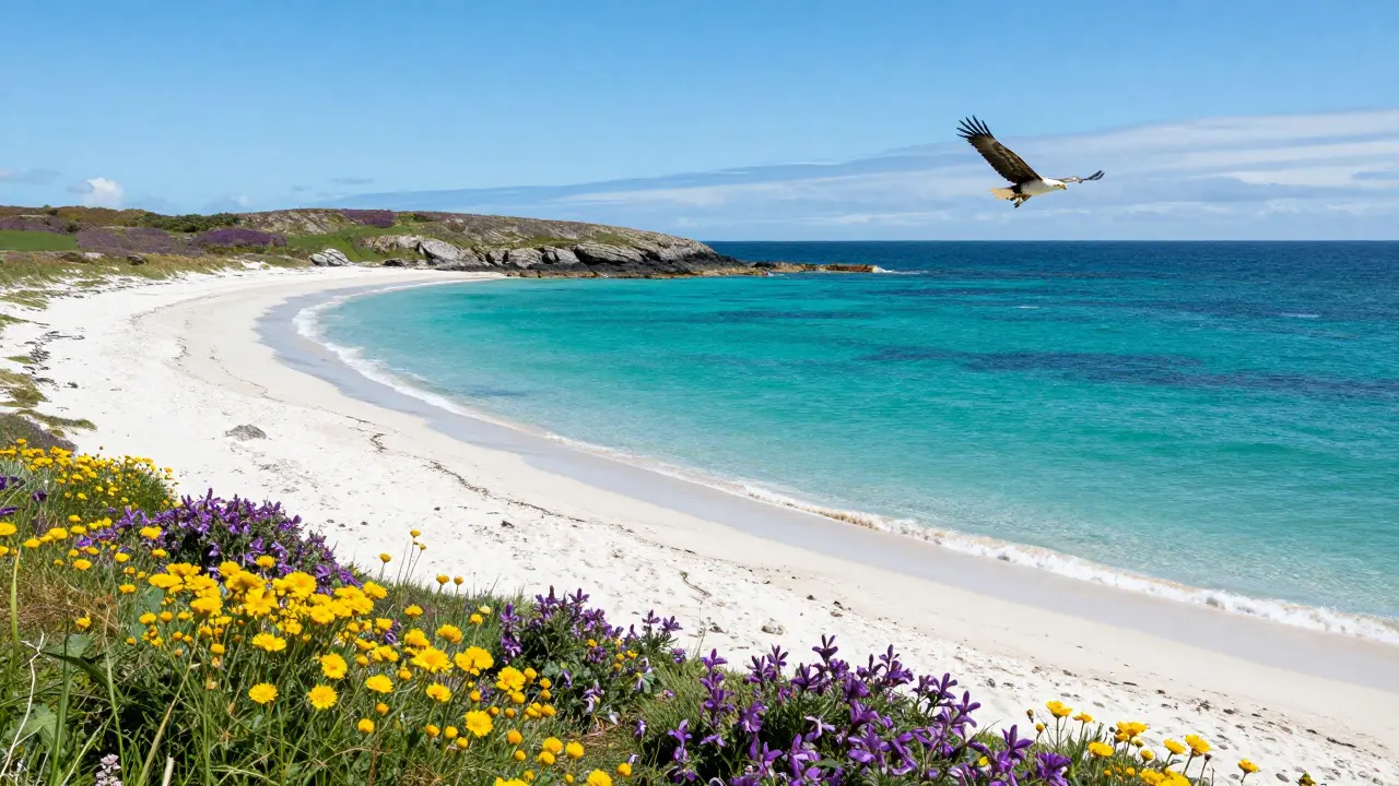 White sand beach with turquoise water and a white-tailed eagle flying above