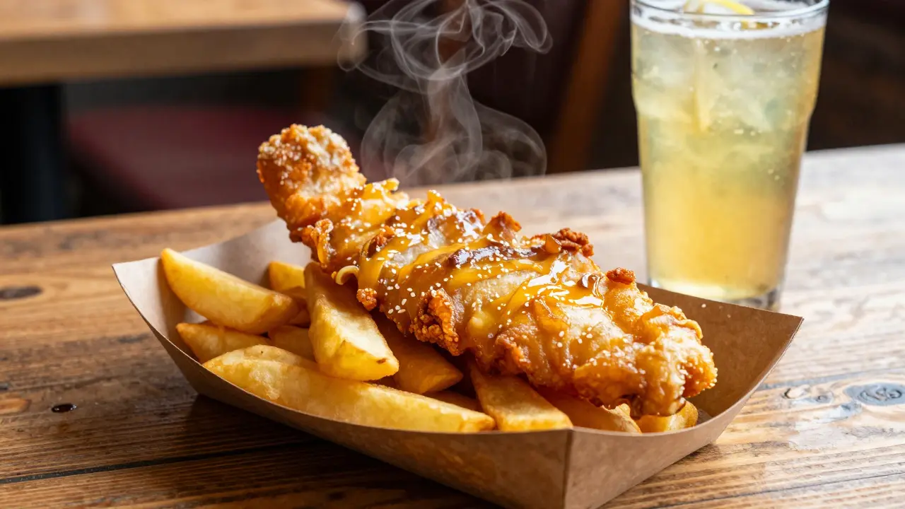 A steaming plate of fresh fish and chips, representing affordable Scottish dining.