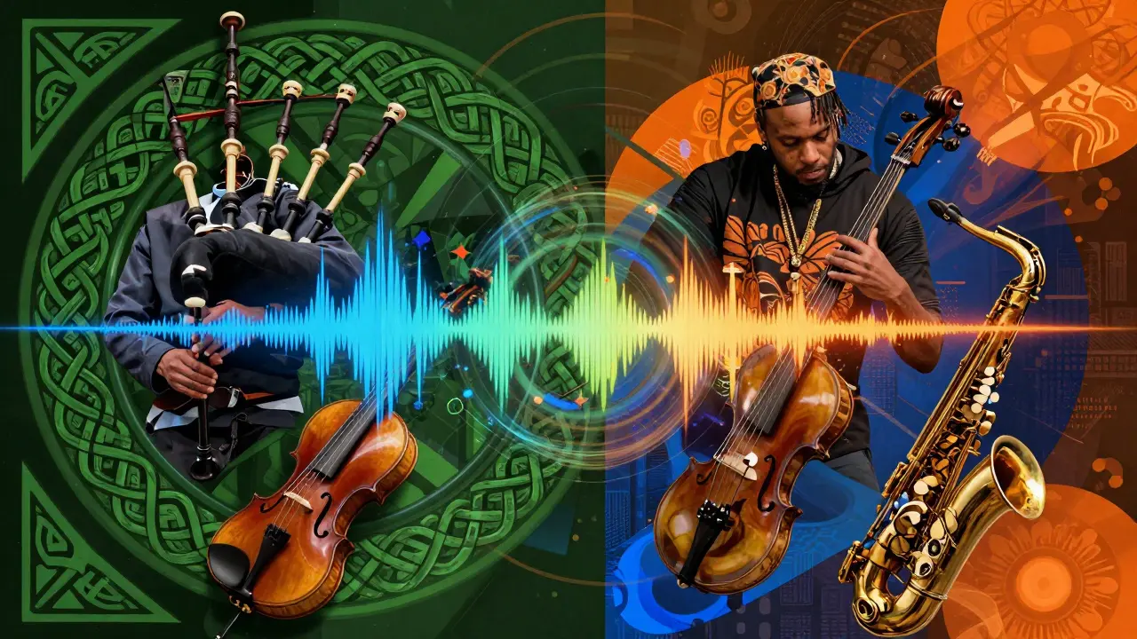 Abstract artistic representation blending traditional Celtic instruments with modern electronic music elements.