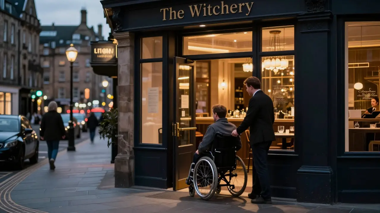 Accessible entrance to an elegant Edinburgh restaurant at night