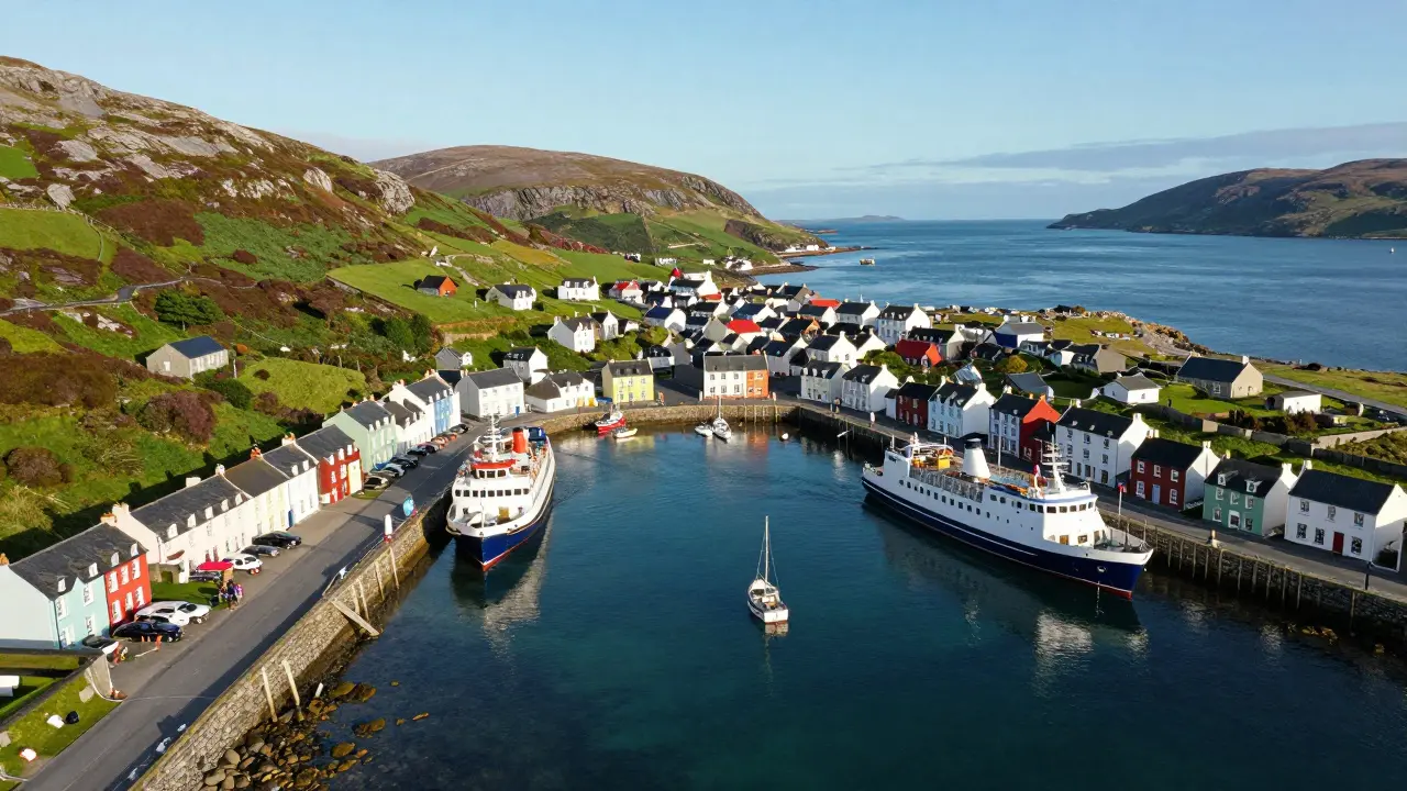 Aerial view of a colorful harbor town with ferries in the Scottish Hebrides
