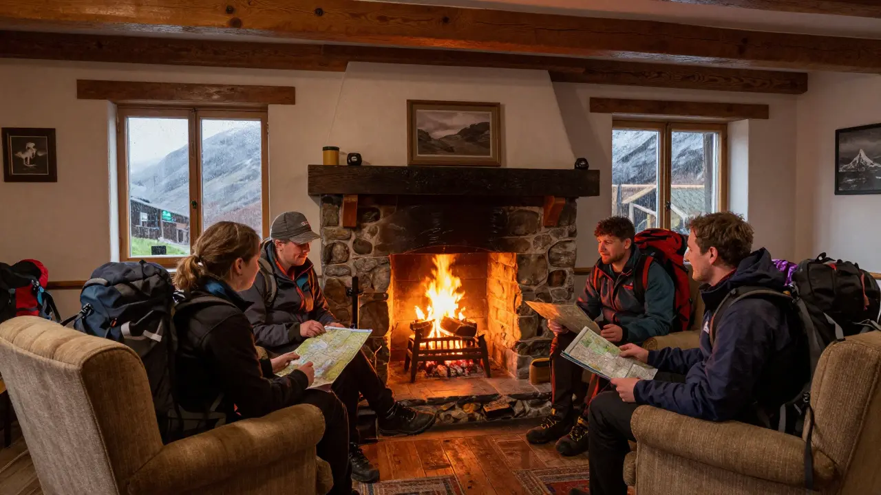 Backpackers socializing by fireplace in a cozy hostel common room