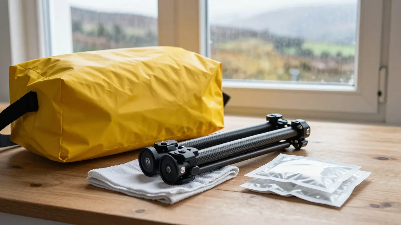 Camera rain cover, tripod, and cleaning cloths ready for field use