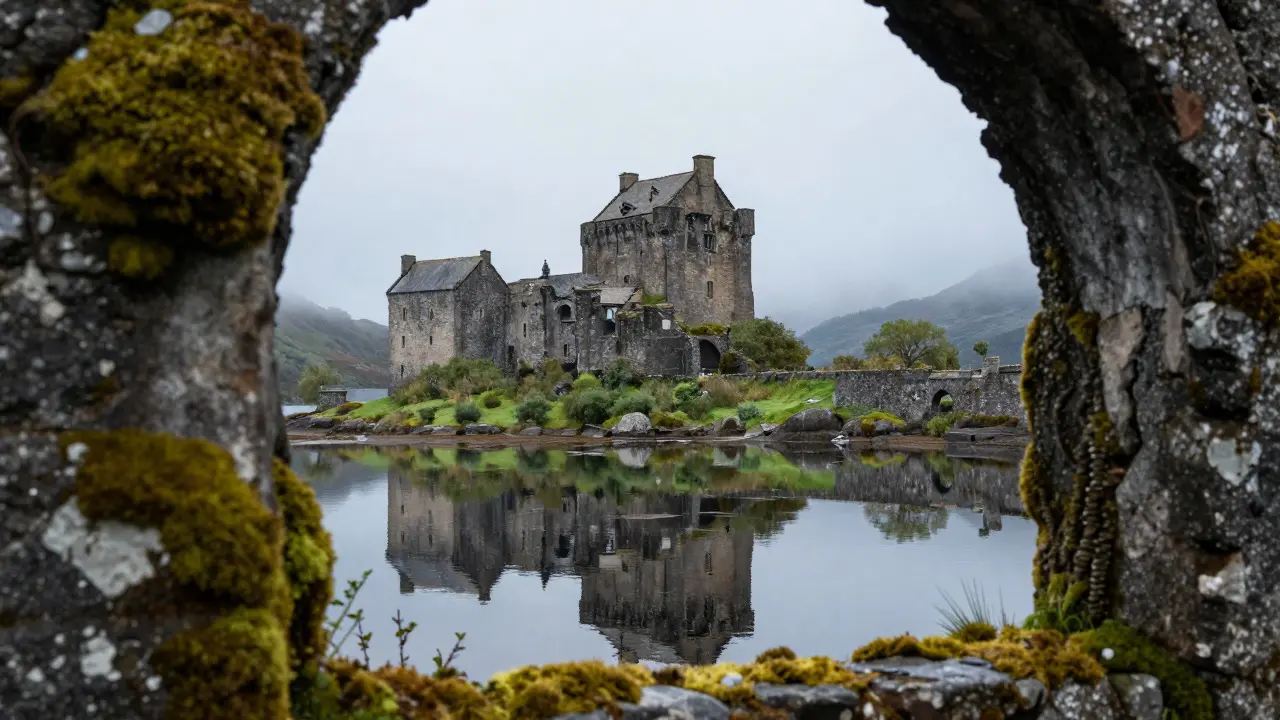 Castle Stalker towers reflected in Loch Laich with morning mist