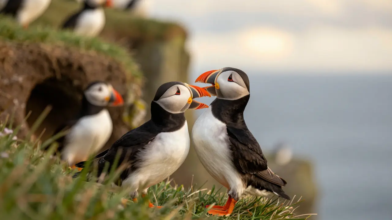 Close-up of an Atlantic Puffin courting on a grassy cliff edge with blurred ocean background.