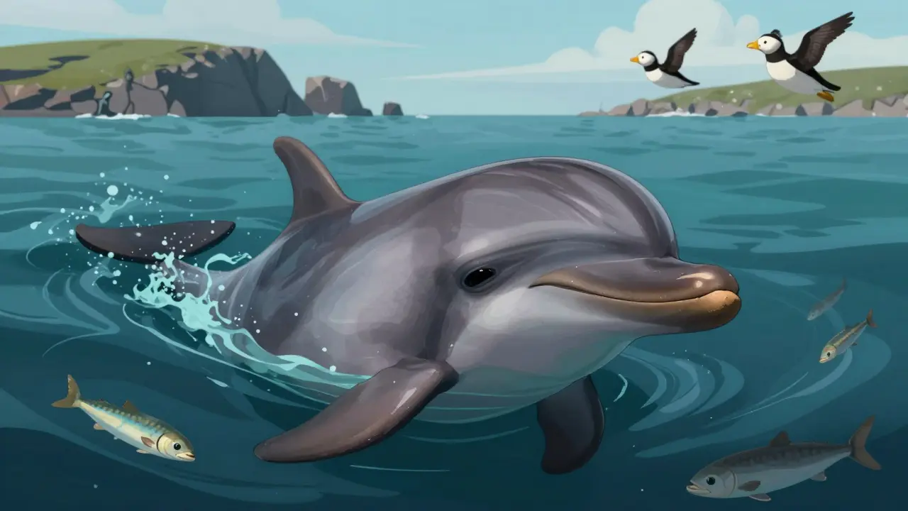Close-up of dolphin eye with underwater prey silhouettes