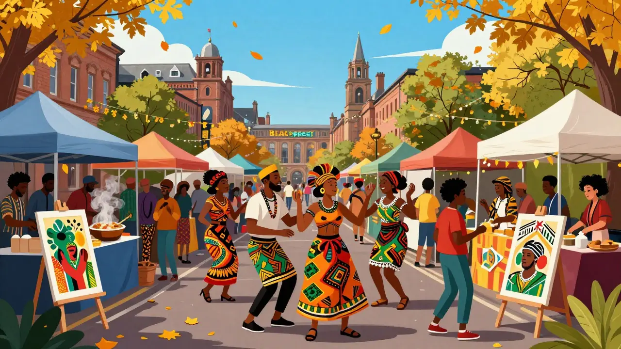 Colorful Blackfest street celebration with dancers and art in Glasgow East End.