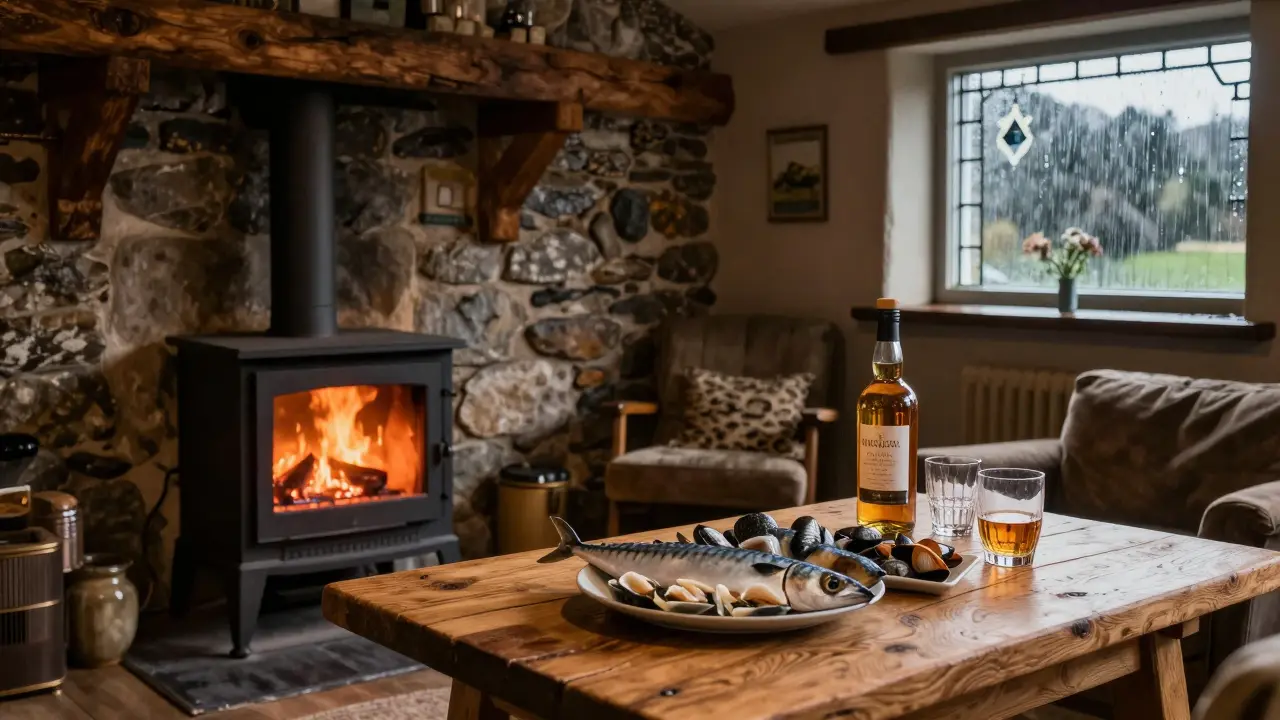 Cozy interior with wood stove and local seafood in a rainy Scottish cottage