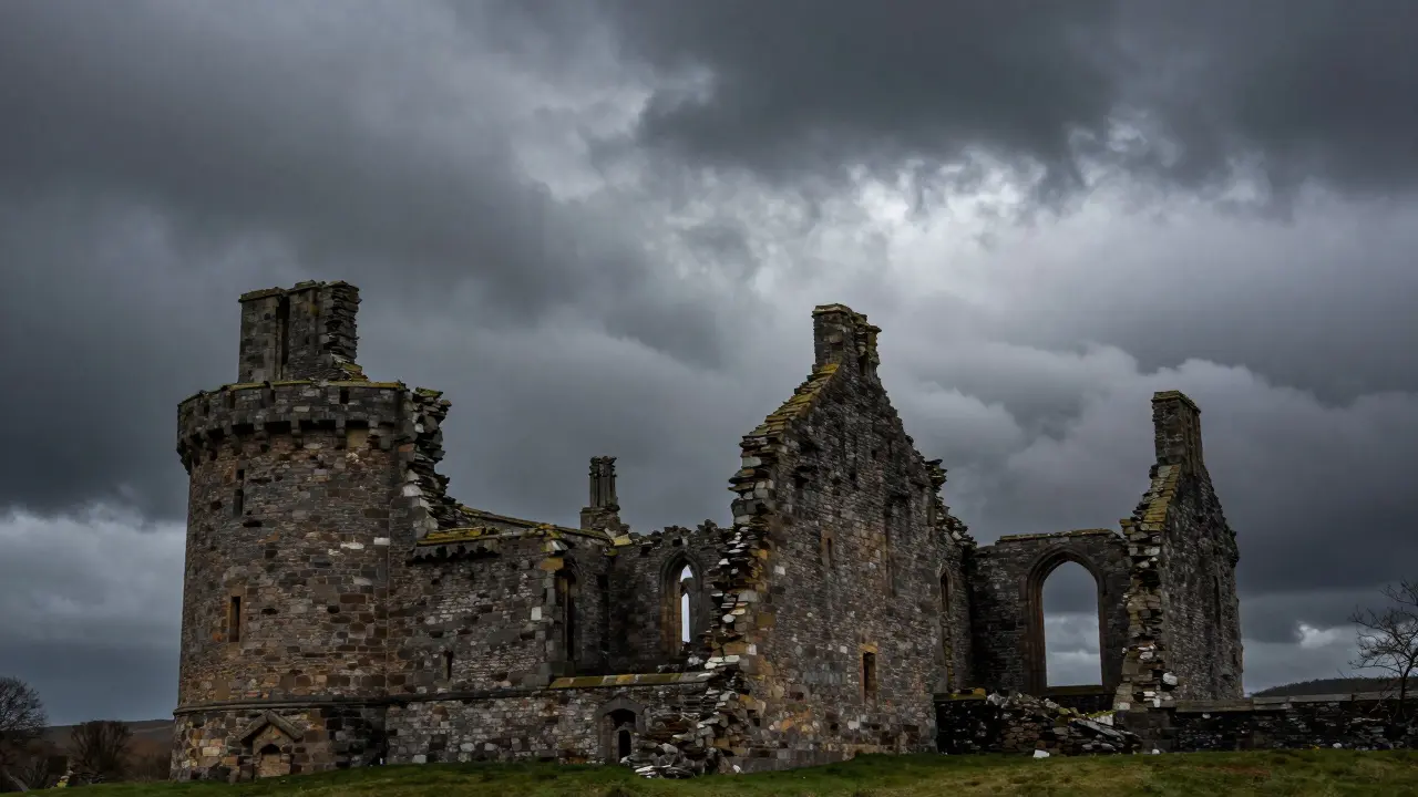 Craignethan Castle ruins silhouetted against dark stormy clouds