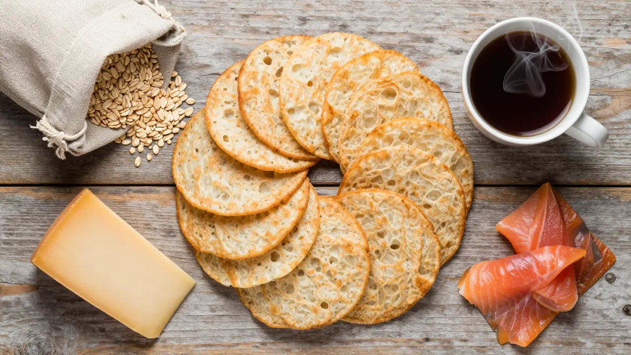 Crisp homemade oatcakes served with cheese, salmon, and tea