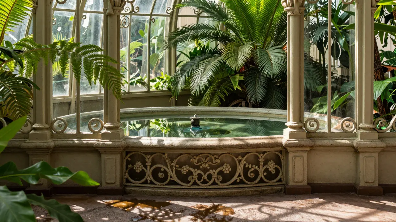 Detail of ironwork and plants inside Kibble Palace with water reflection
