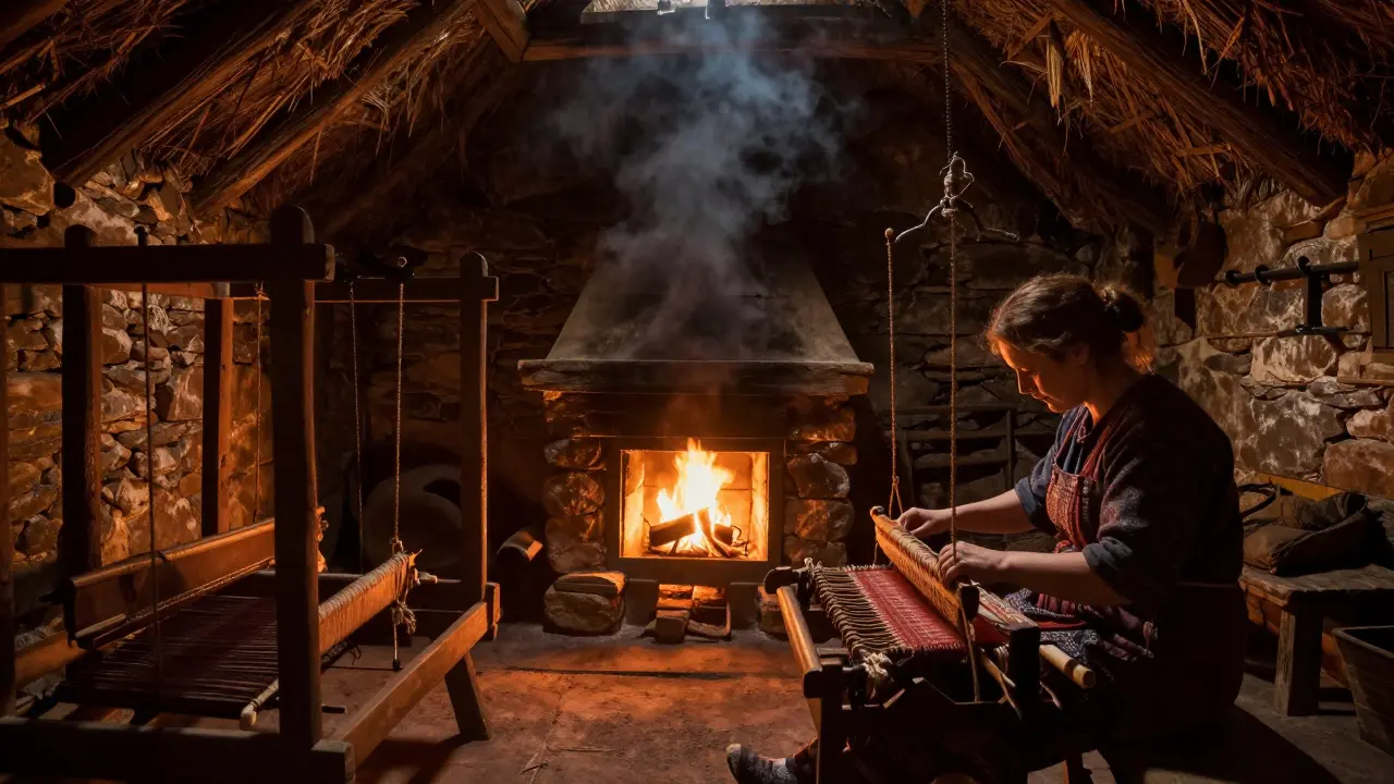 Dimly lit interior of a blackhouse with central hearth and weaving loom