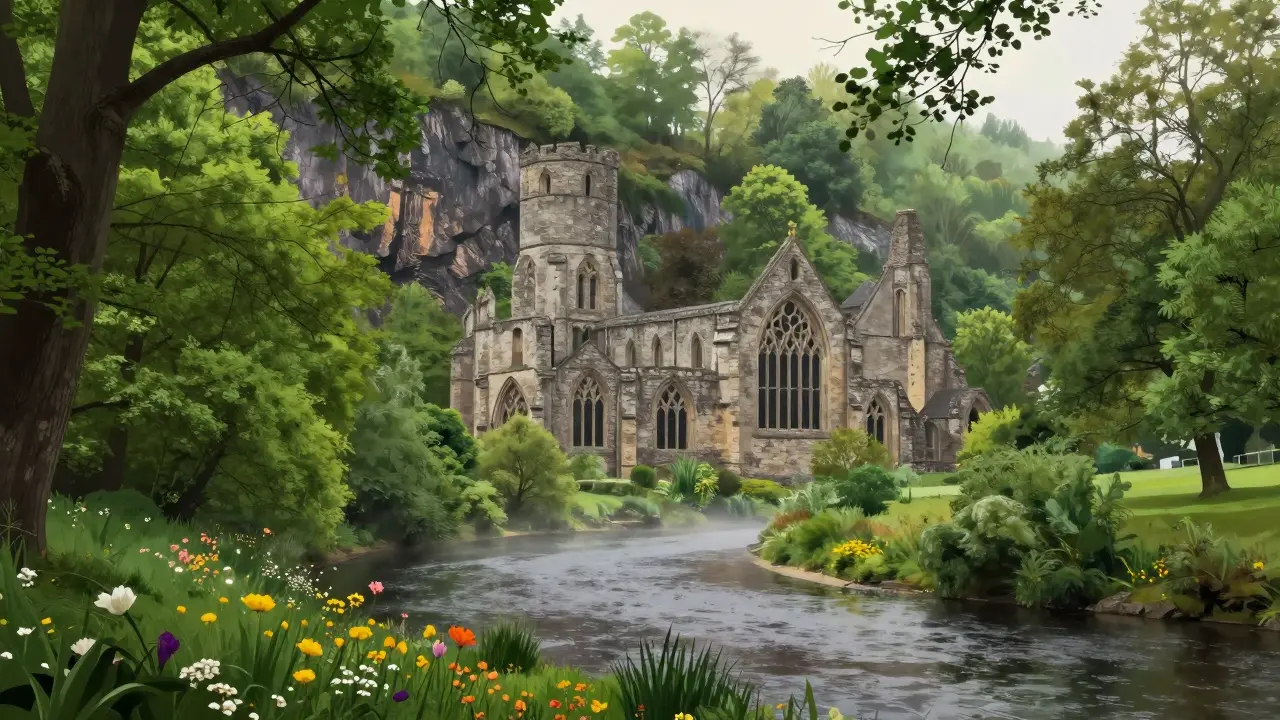Dryburgh Abbey surrounded by misty woods and river views
