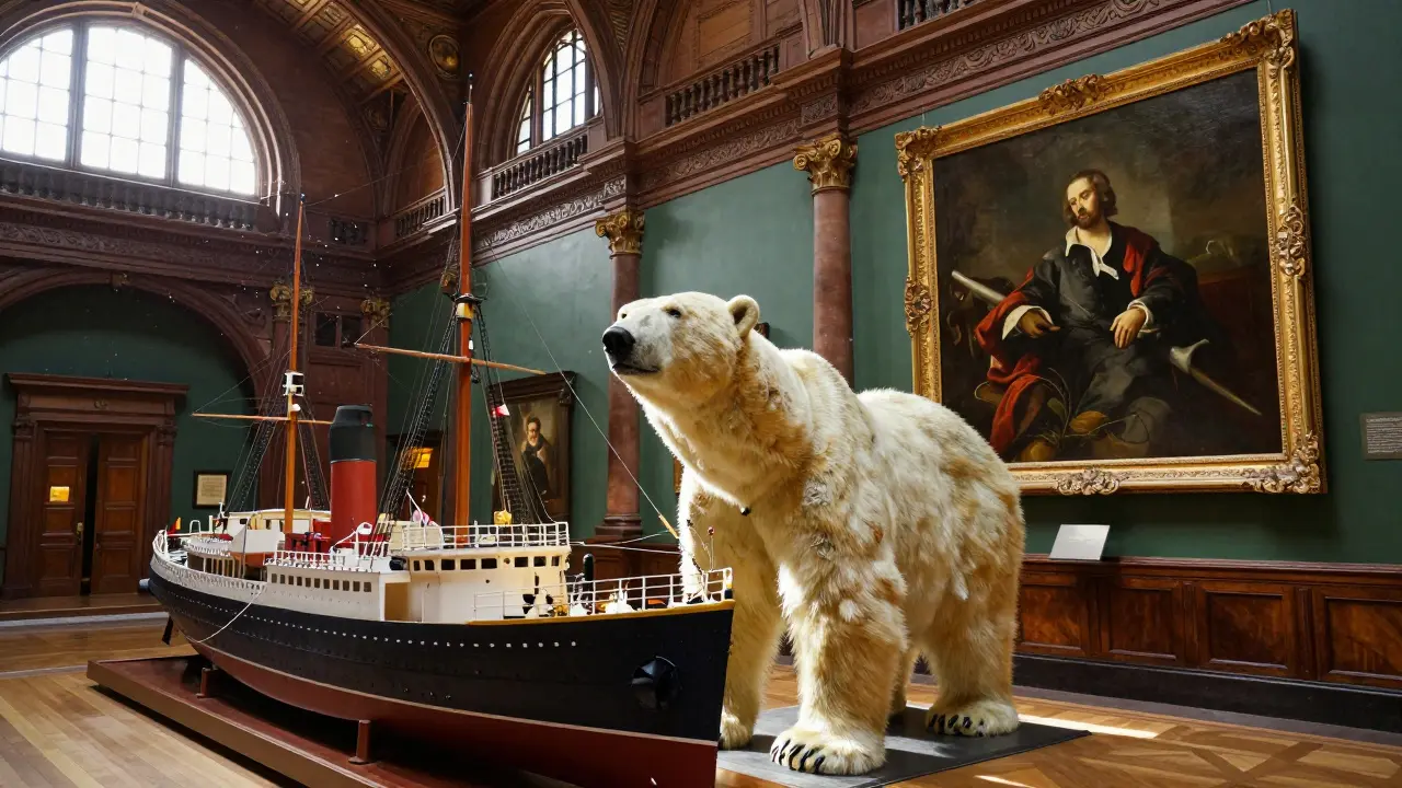 Eclectic exhibits including a polar bear and ship model at Kelvingrove Museum