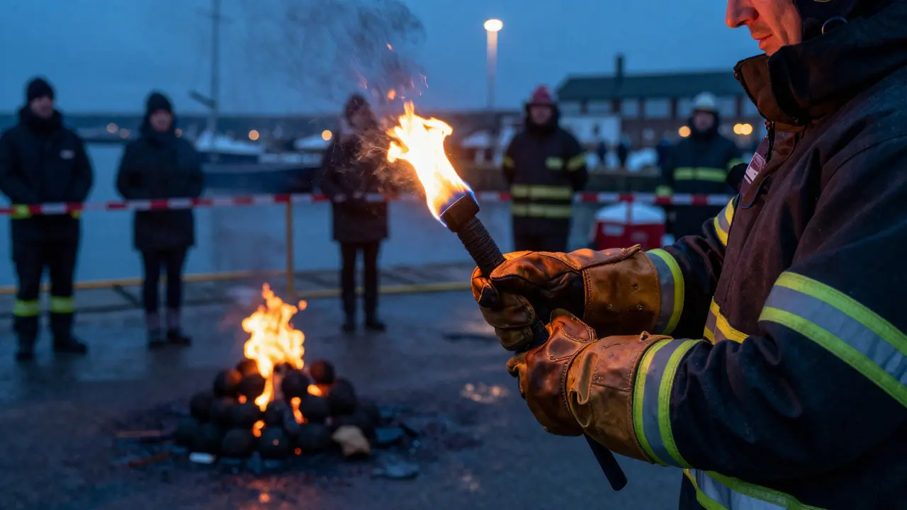 Fireball swinger preparing gear with safety barriers and spectators nearby