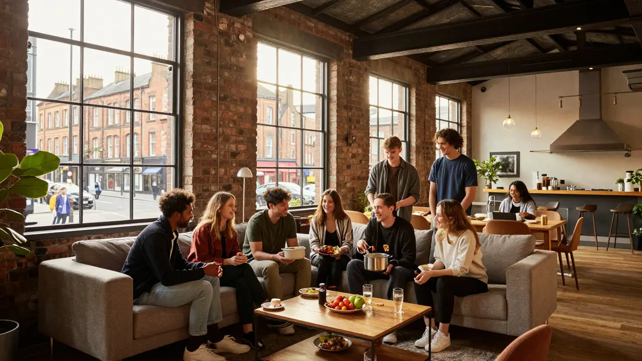 Friends relaxing in a high-ceilinged Glasgow apartment with city views