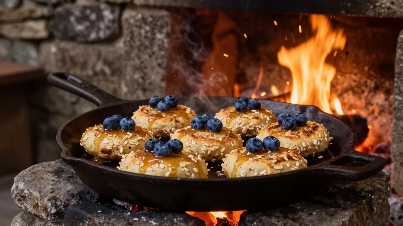 Golden oat bannocks cooking on a cast-iron griddle over an open fire