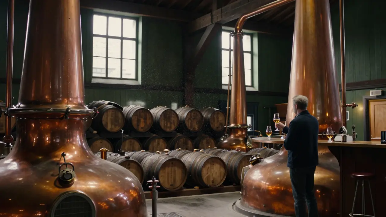 Golden whisky in a glass inside a traditional distillery with copper stills