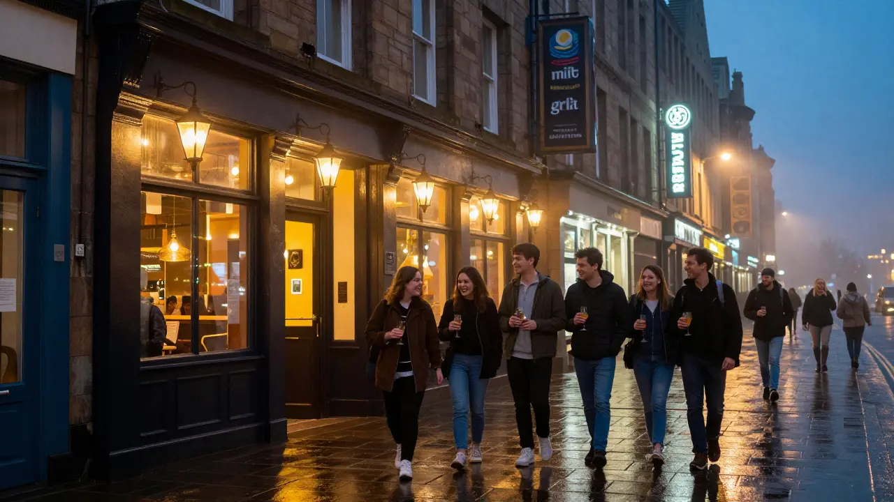 Group enjoying drinks and dinner on a glowing street in Merchant City