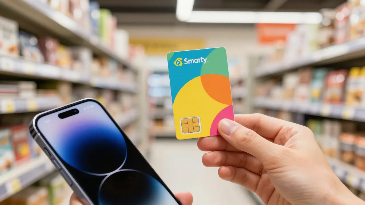 Hand holding prepaid SIM card near unlocked smartphone