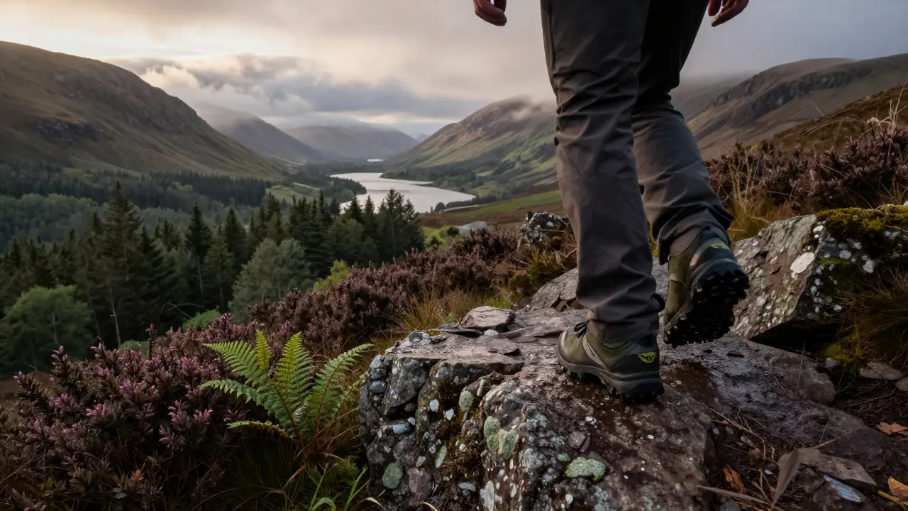 Hiker climbing rocky trail on Ben Lomond overlooking misty Trossachs valleys