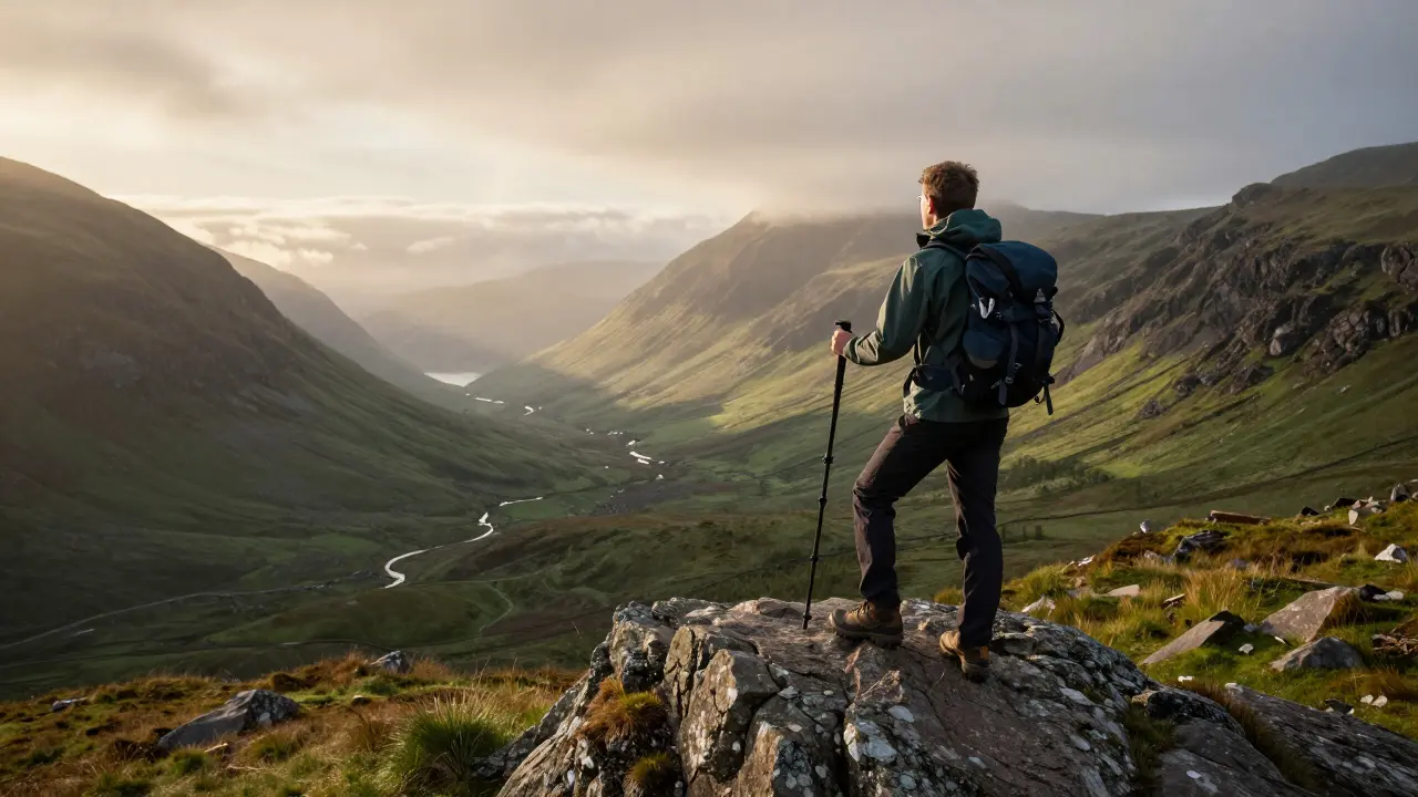 Hiker enjoying panoramic views from a mountain peak in Galloway Forest Park