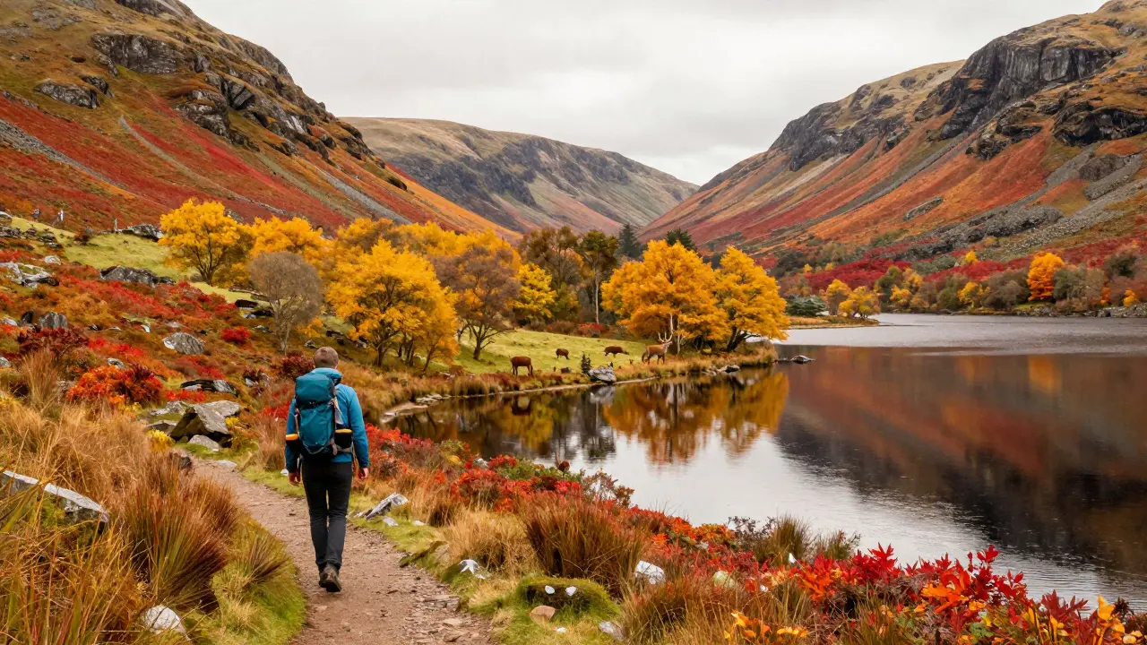 Hiker viewing Loch Rannoch with red deer in autumn