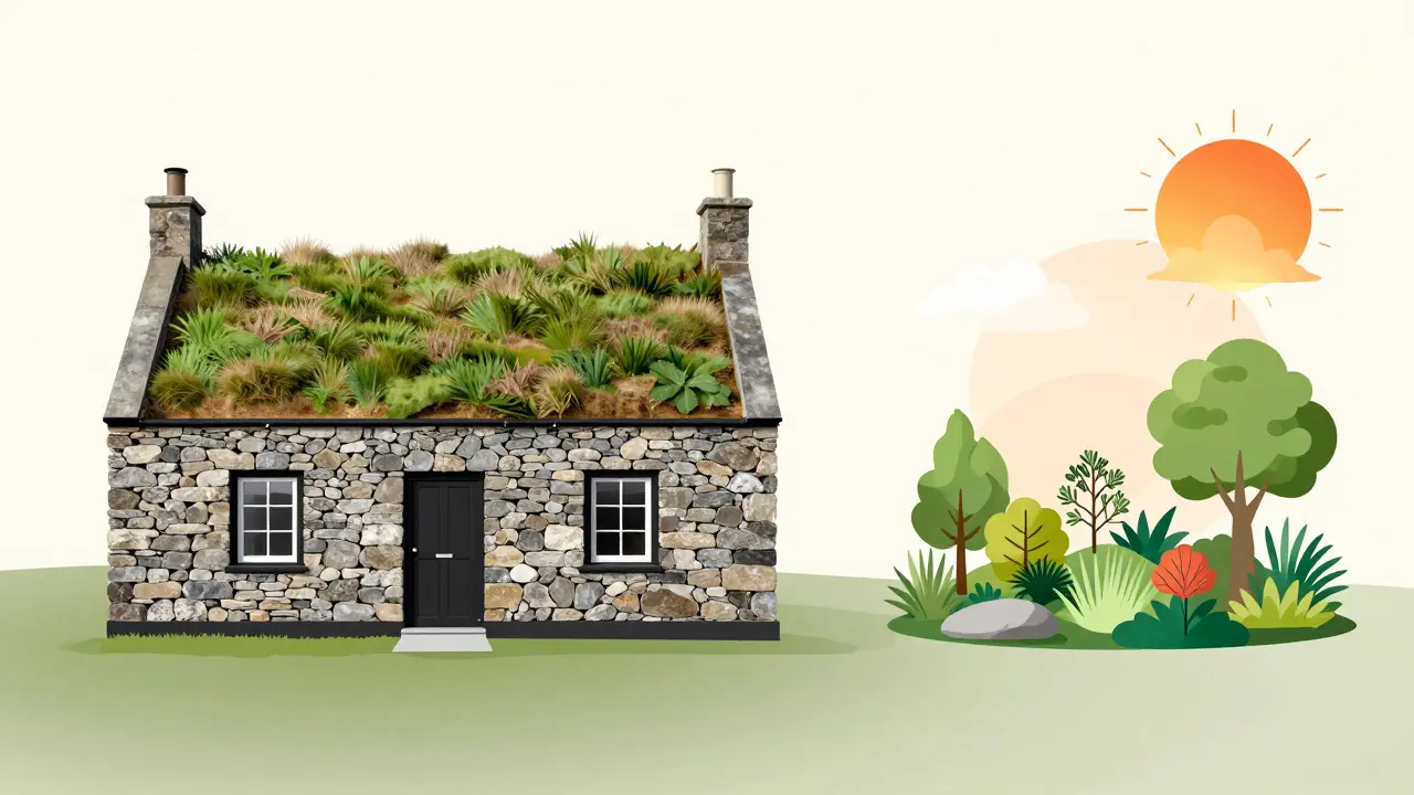 Illustration linking traditional blackhouse architecture to modern sustainability