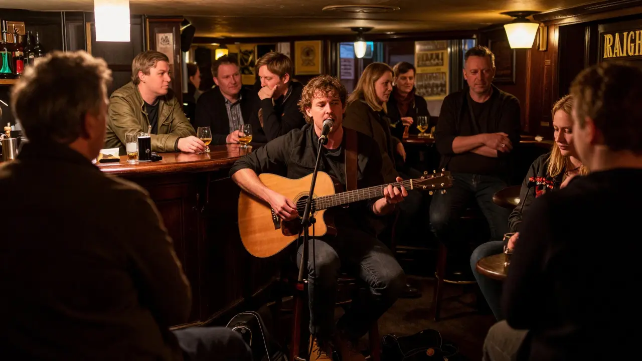 Intimate folk performance in a cozy Glasgow pub with musicians and engaged audience members.