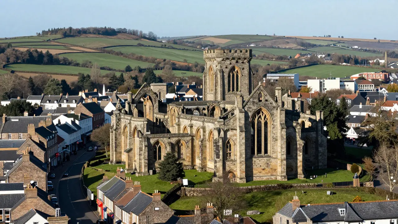 Jedburgh Abbey ruins on a hill overlooking the town