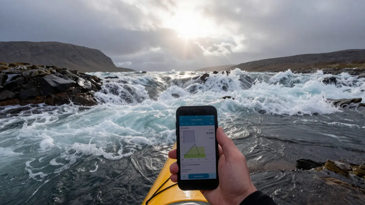 Kayaker checking tide app on phone amidst rough coastal waters in Scotland
