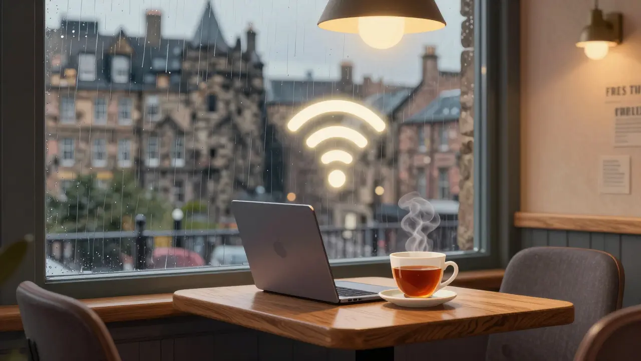 Laptop using free Wi-Fi in cozy Scottish cafe
