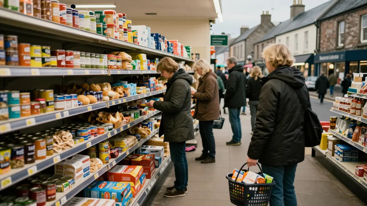 Locals shopping for essentials in a nearly empty grocery store aisle