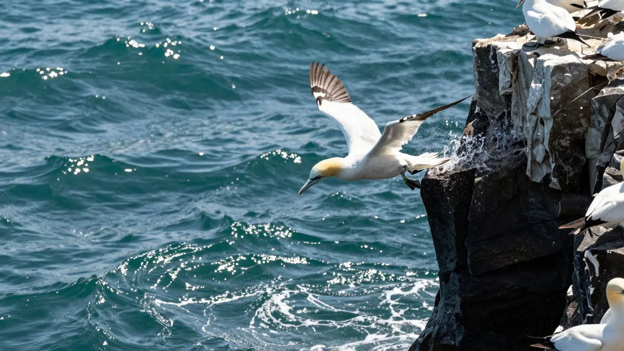 Northern Gannet diving into turquoise sea water near rocky island colonies in Scotland.