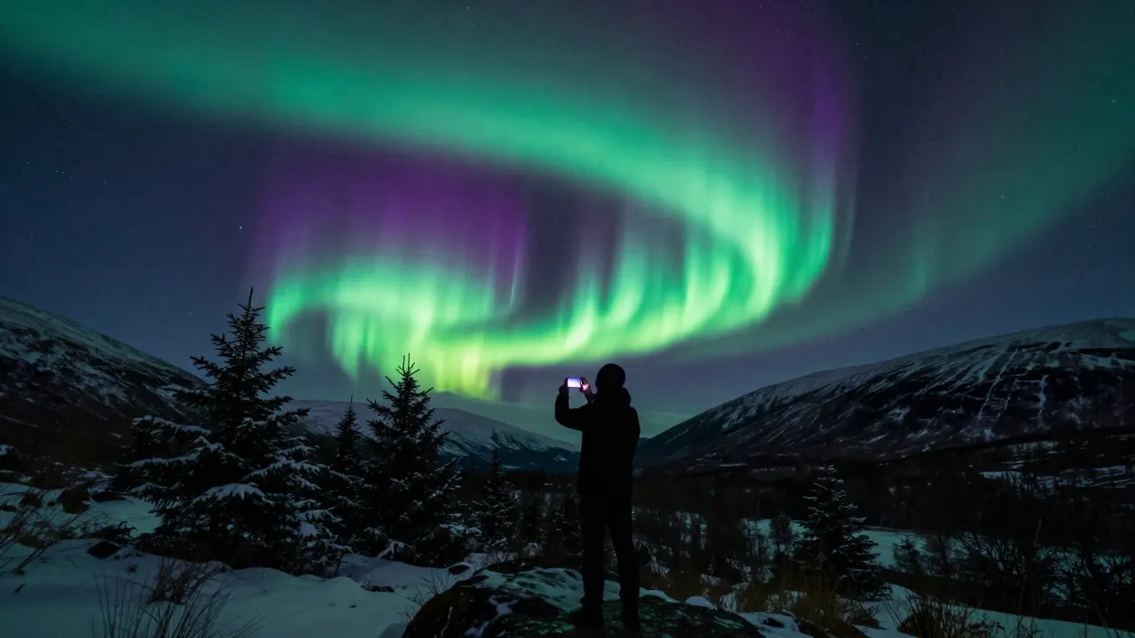 Northern Lights over Scottish mountains with person using aurora app