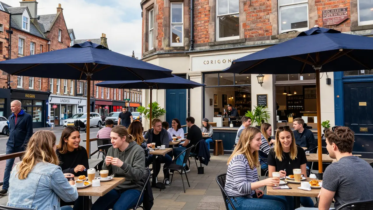 People socializing at an outdoor table of a trendy Glasgow cafe near tenements.