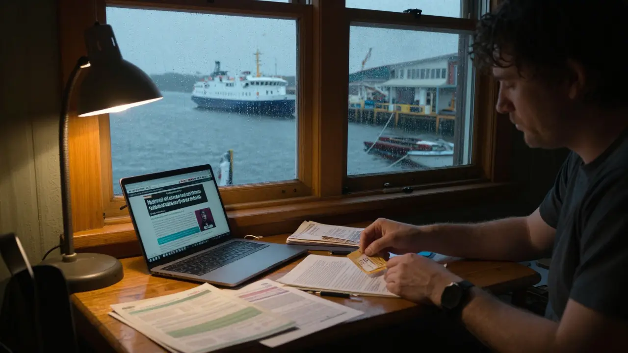 Person reviewing travel insurance documents at table in rainy island hotel room
