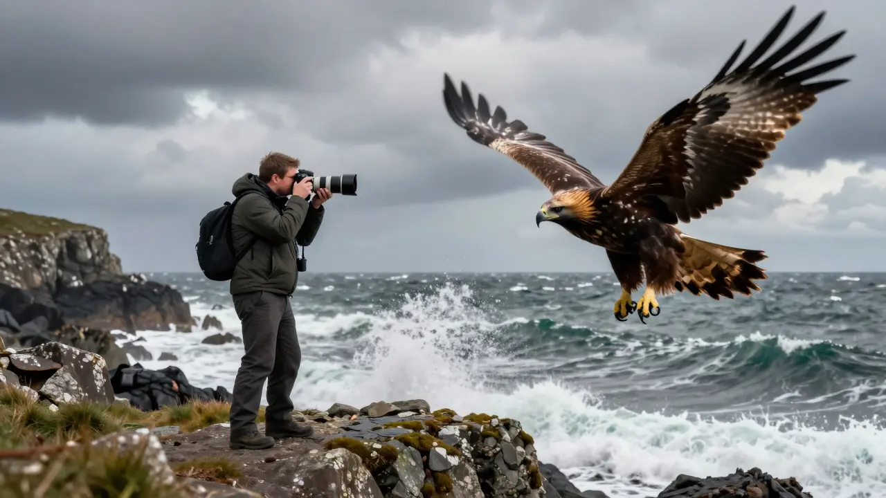 Photographer with telephoto lens tracking a soaring golden eagle in Scotland