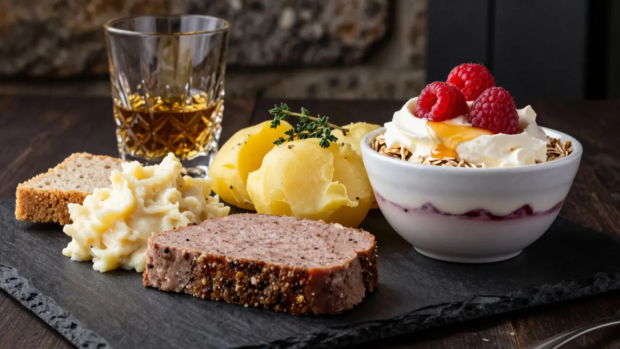 Plated haggis, cranachan dessert, and whisky on a slate board