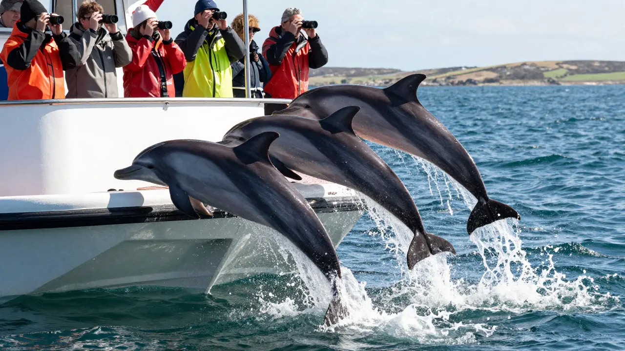 Pod of dolphins leaping next to a wildlife tour boat