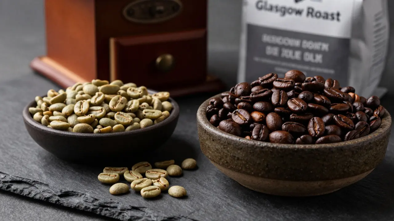 Raw and roasted coffee beans displayed on a rustic slate surface.