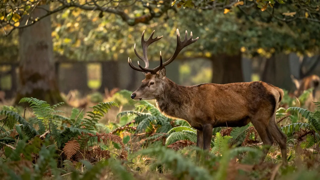 Red deer grazing in sunlit woodland clearing surrounded by pine and oak trees