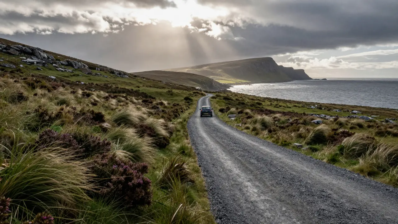Rugged gravel road leading through moorland to Harris coastline