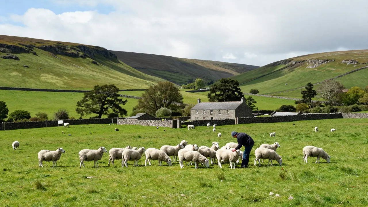 Sheep grazing on rolling green hills at a Scottish Borders farm