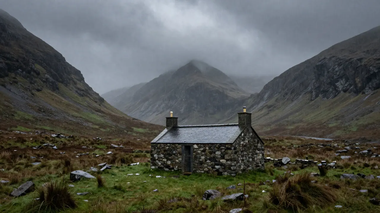 Solitary stone bothy shelter in a rainy, misty Scottish glen