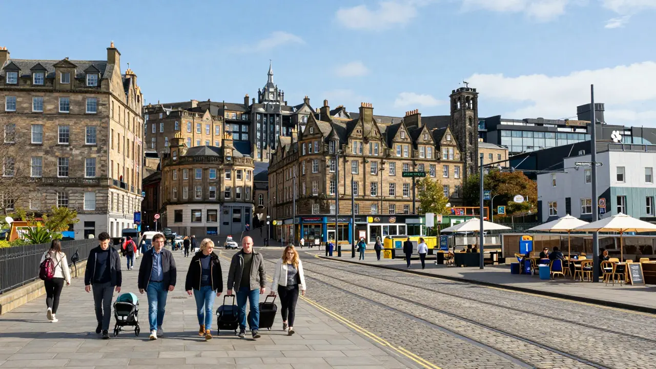 Split view of flat Edinburgh streets and trendy Leith waterfront for travelers