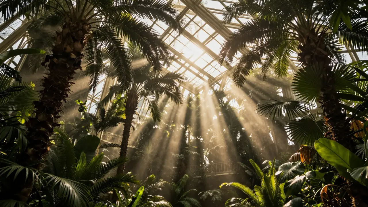Sunlit interior of the Palm House with tall tropical trees