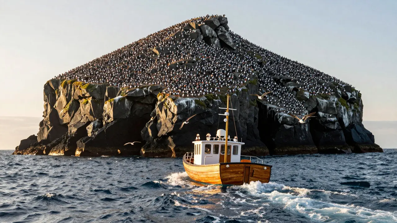 Tour boat approaching a massive puffin colony on a sea stack