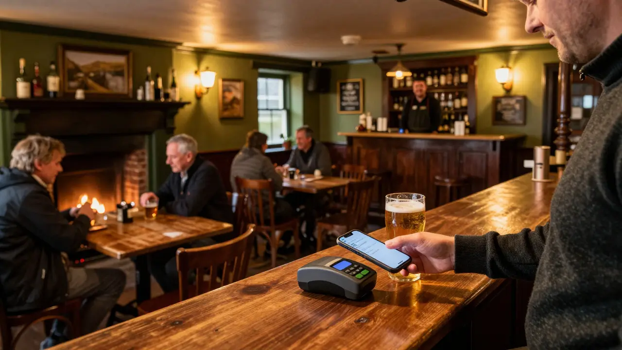Tourist paying with mobile phone in a traditional pub